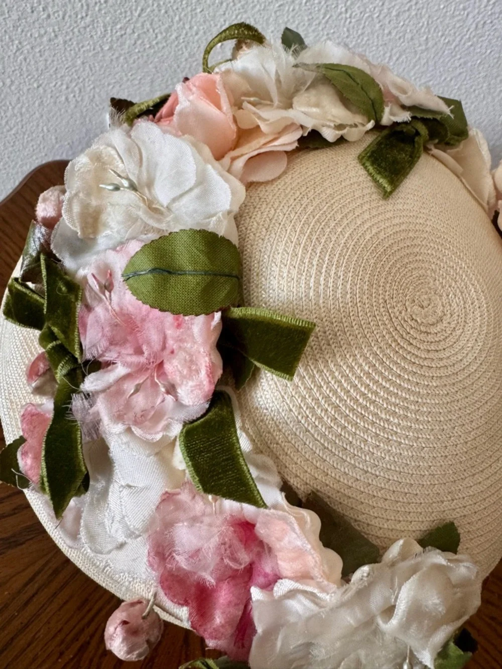 Vintage 1950s Cream millinery Hat with Pink and Green Flowers and Velvet Bow